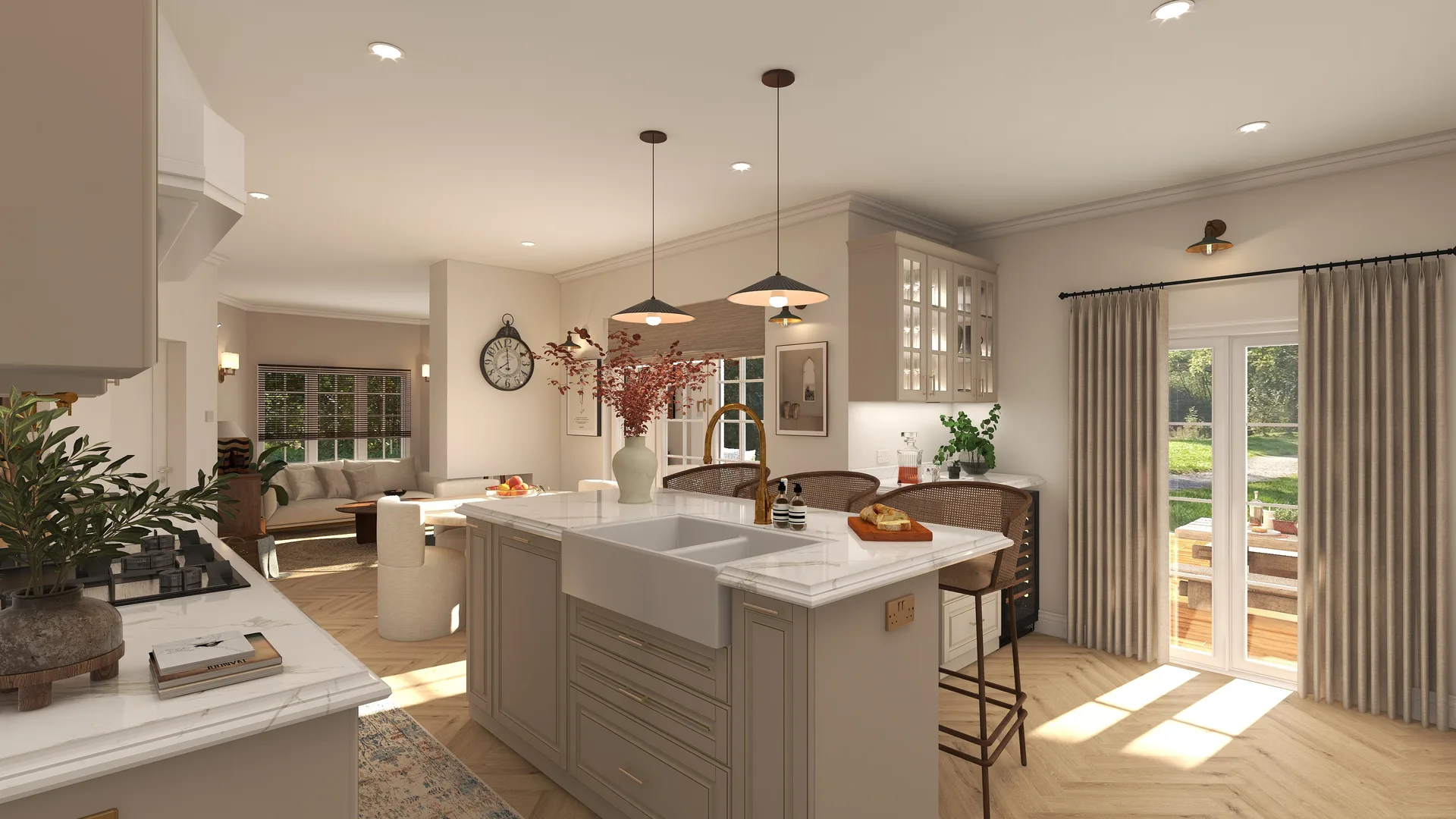Juniper kitchen island, pendant lights, french doors, Juniper Kitchen