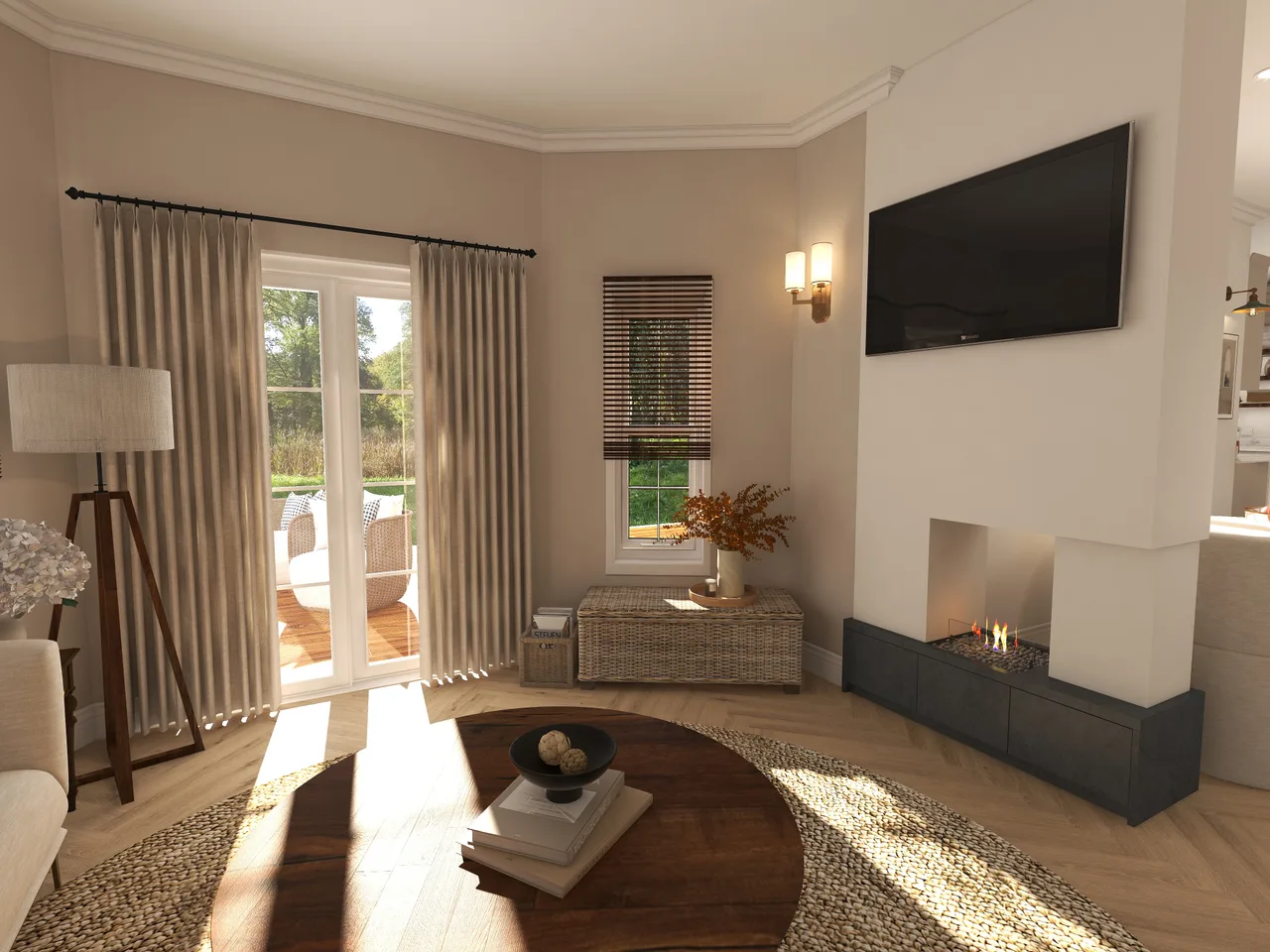 living room, window blinds, fireplace, Juniper Snug