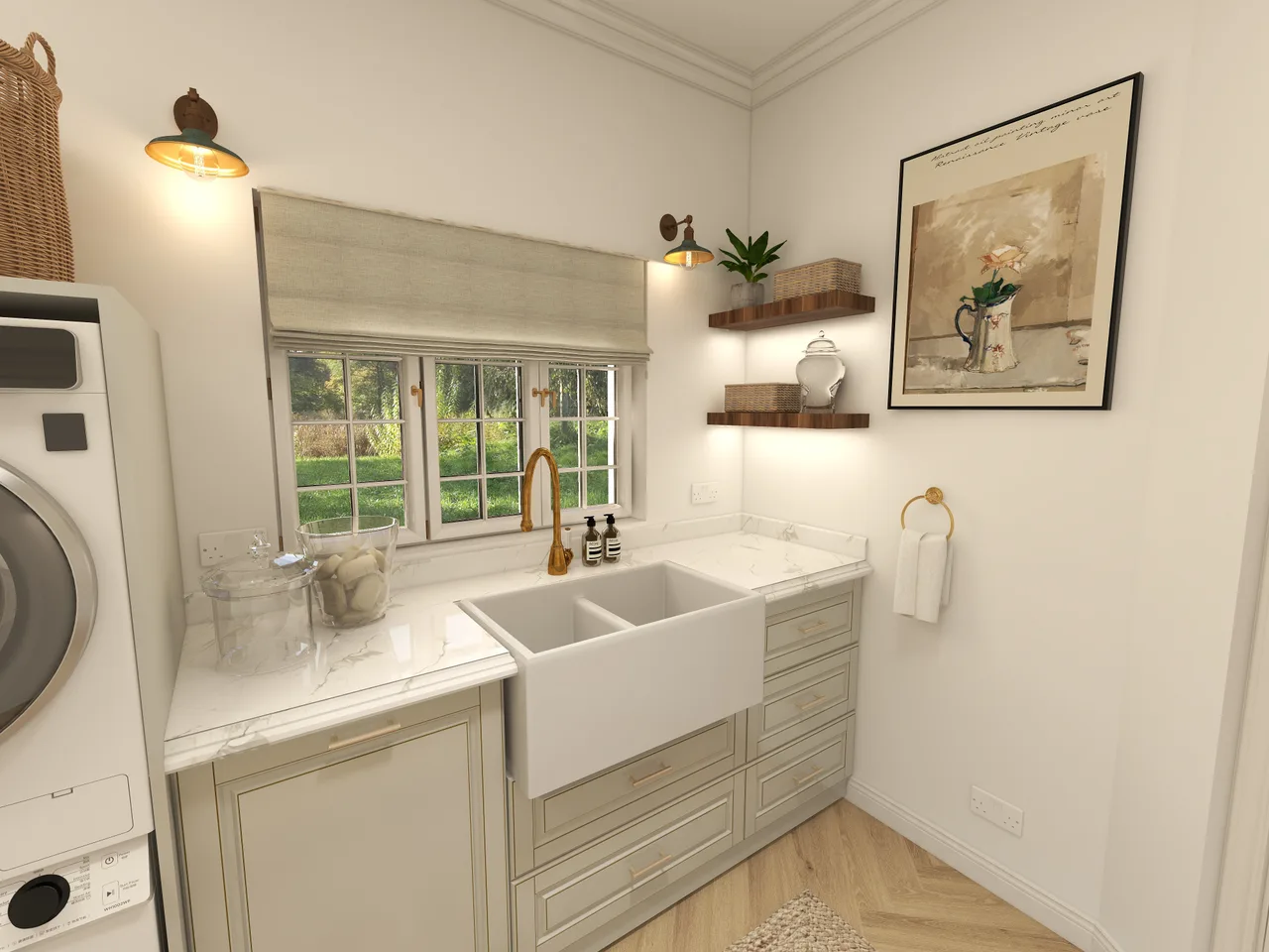Juniper laundry, farmhouse sink, window, Juniper Laundry